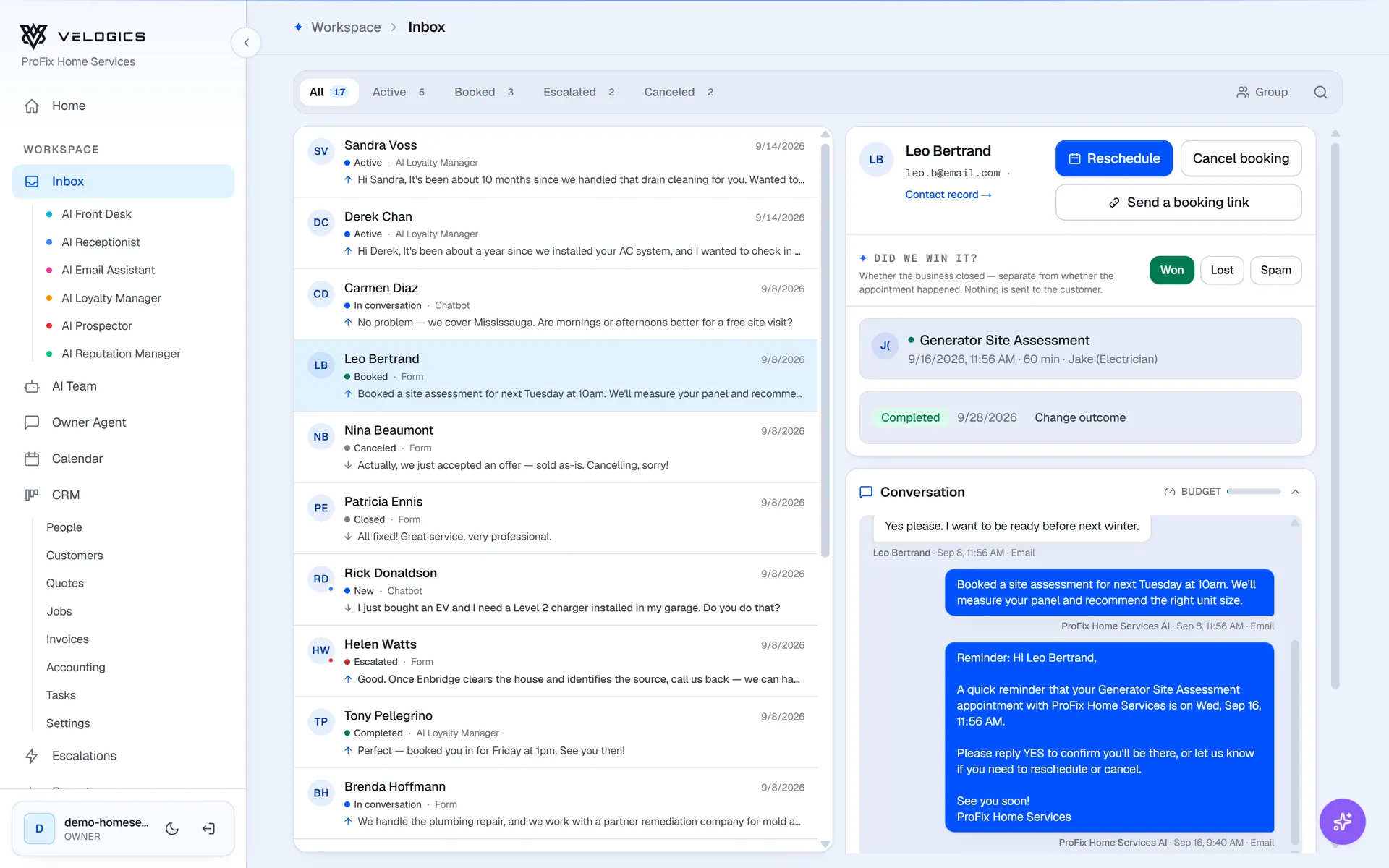 Velogics inbox: the AI books a generator site assessment for a web form lead