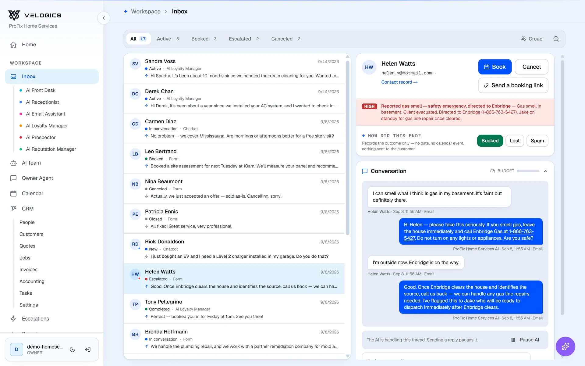 Velogics inbox: a gas-smell report gets safety instructions and is escalated to the owner