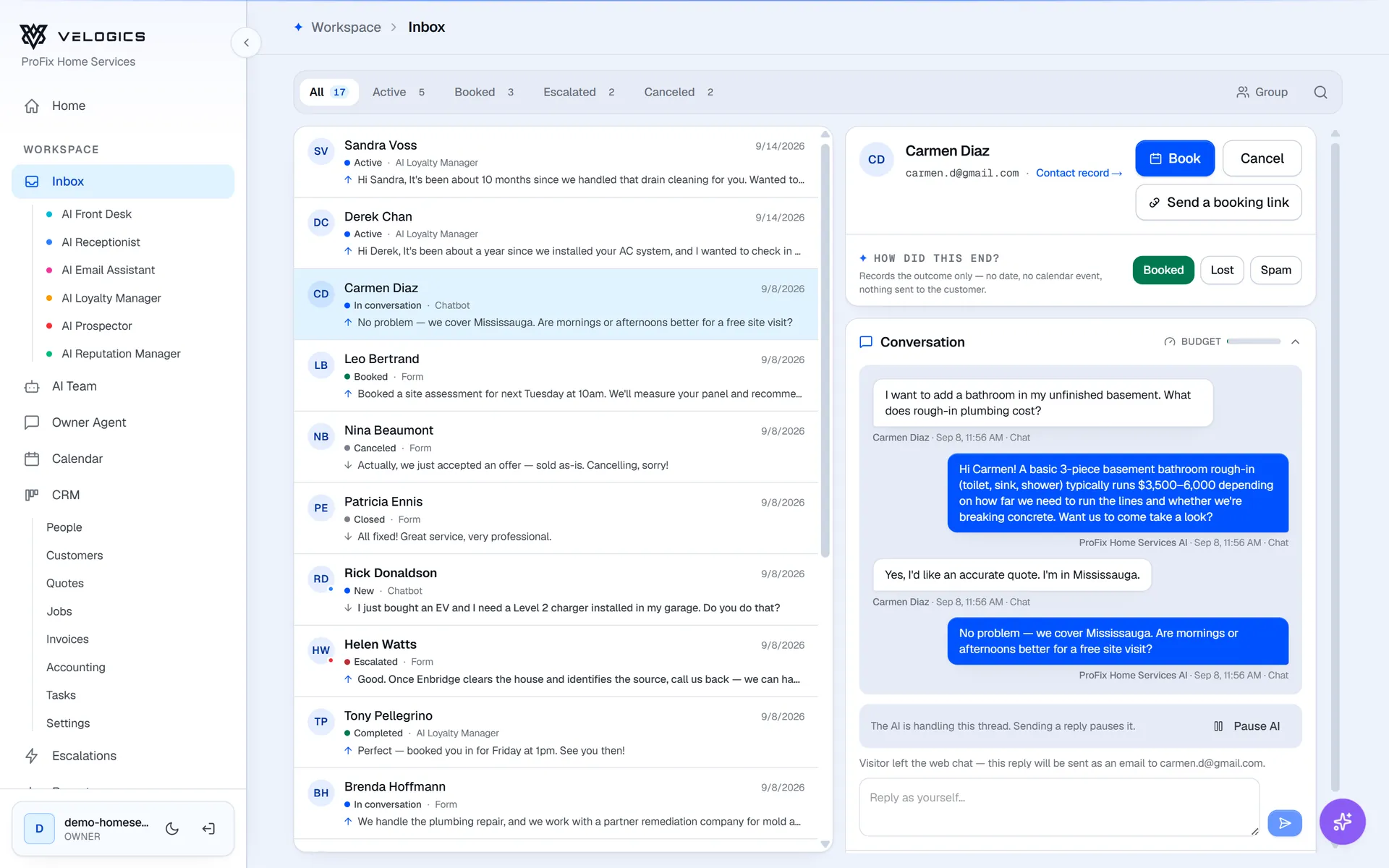 Velogics inbox: the AI answers a pricing question, checks the service area and offers a site visit