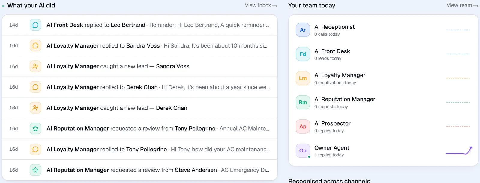 What your AI did: a live feed of replies, new leads and review requests