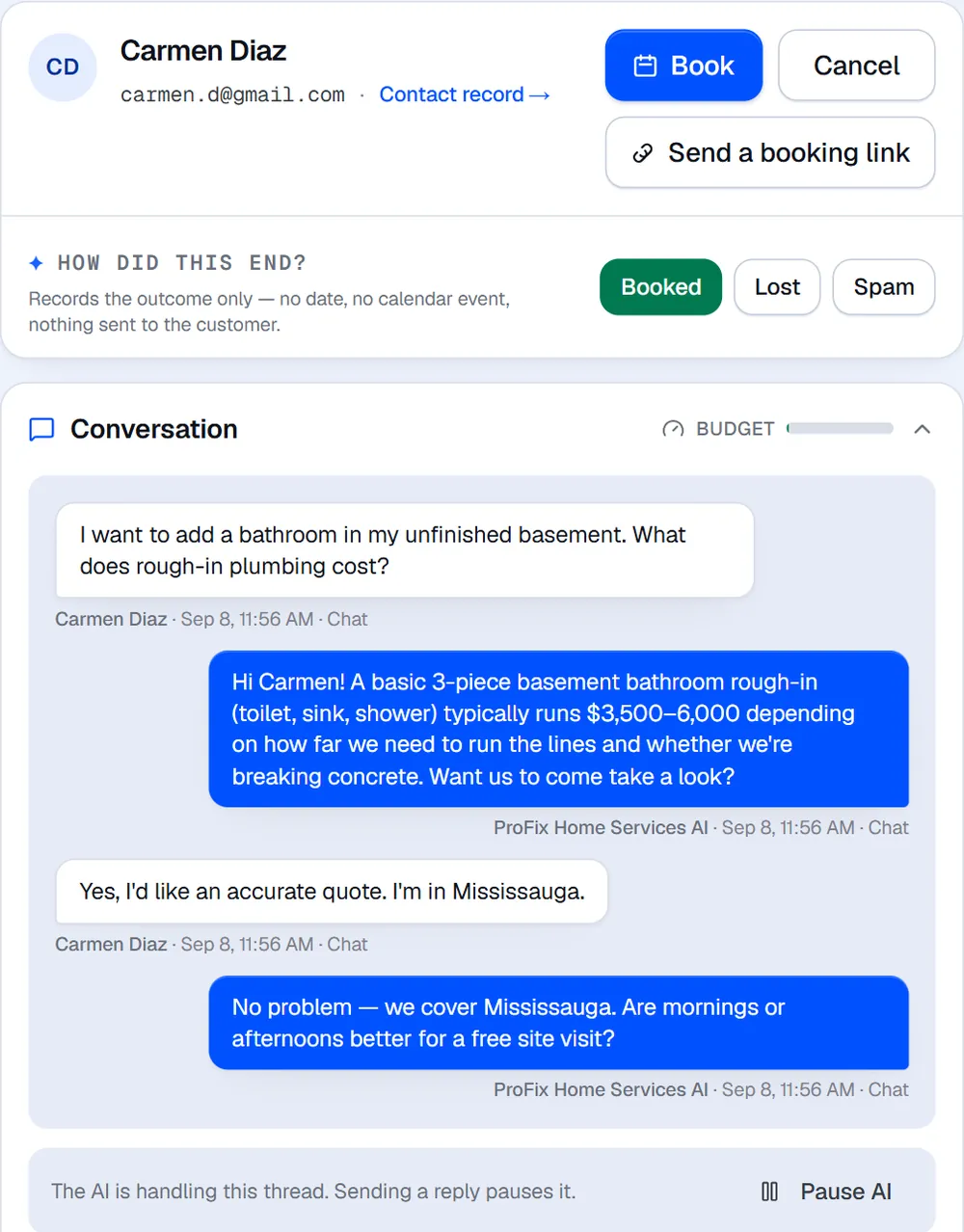 A web chat where the AI answers a price question, confirms the area and asks about timing