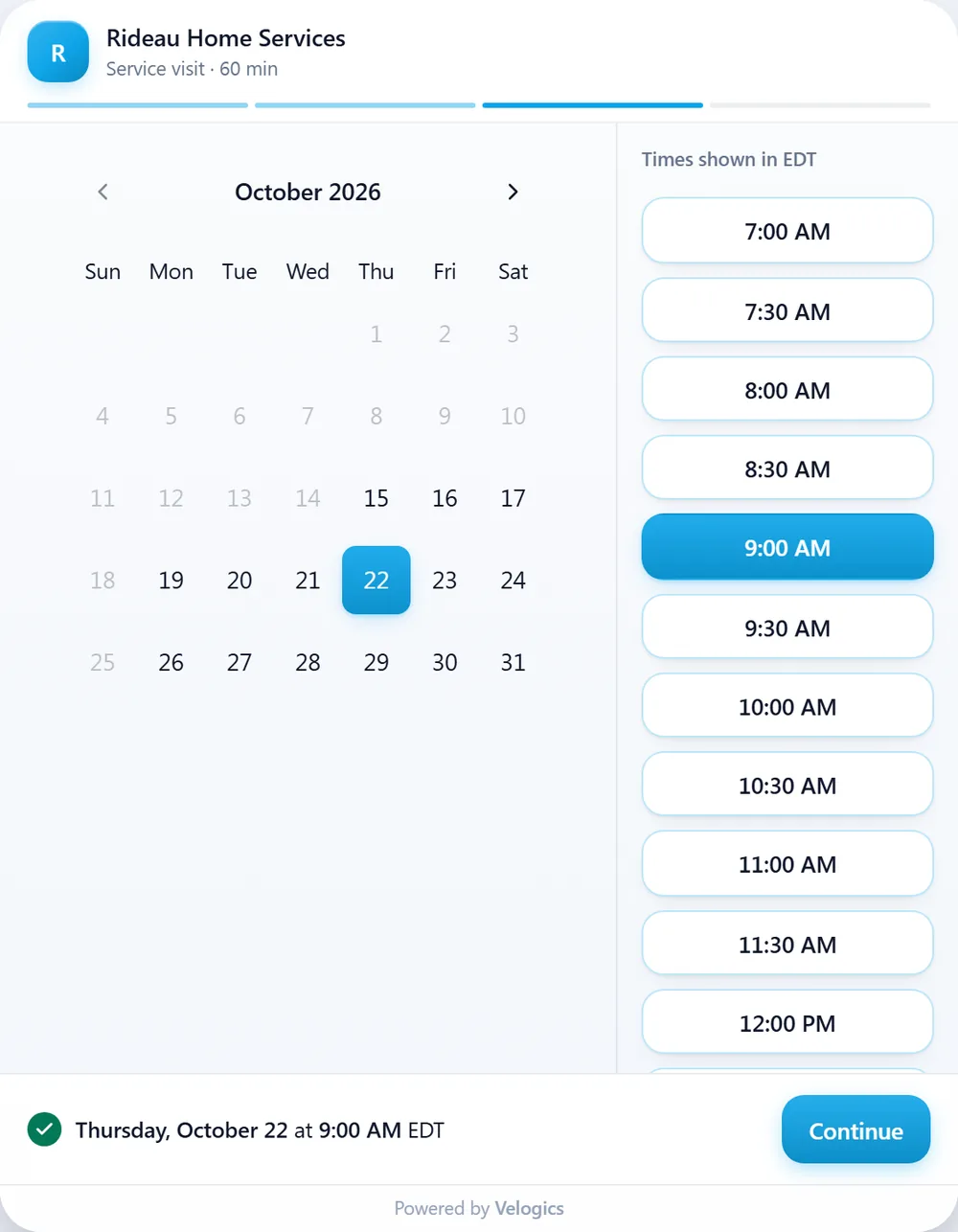 The booking page: pick a date and an open time