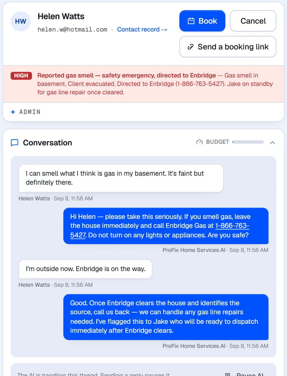 An emergency message gets safety instructions and a high-priority escalation