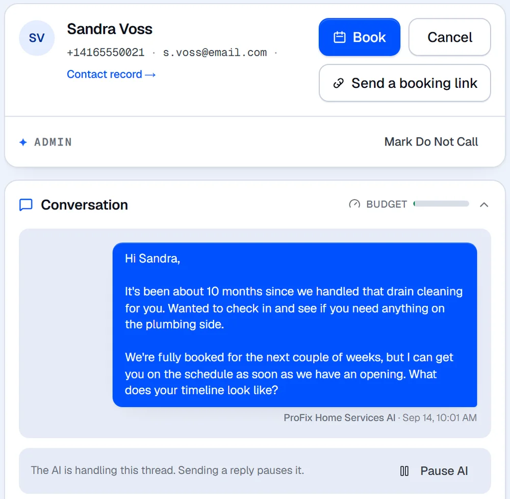 The AI Loyalty Manager emails a past customer about their next service