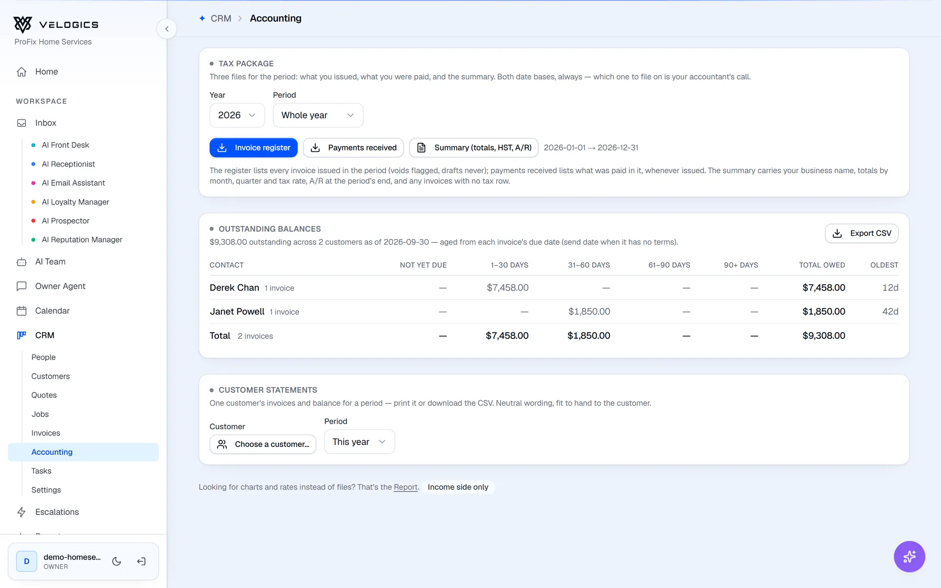 Velogics accounting: a tax package, outstanding balances by age and customer statements