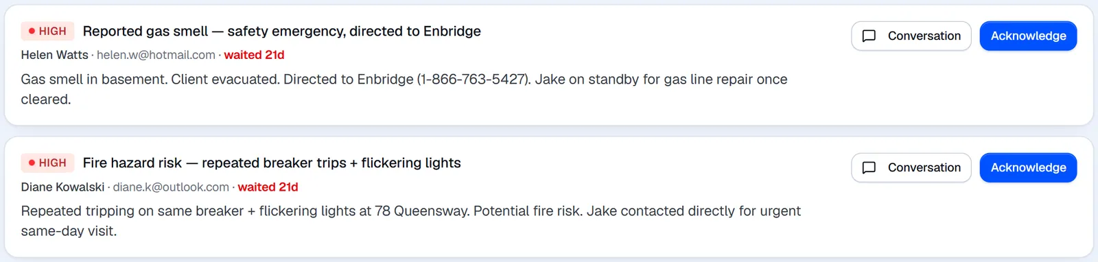 Two high-priority escalations with a short summary each
