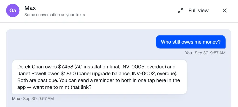 Asked who still owes money, the Owner Agent lists both overdue invoices and offers a one-tap reminder