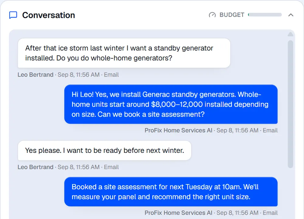 A lead asks about a standby generator and the AI books a site assessment