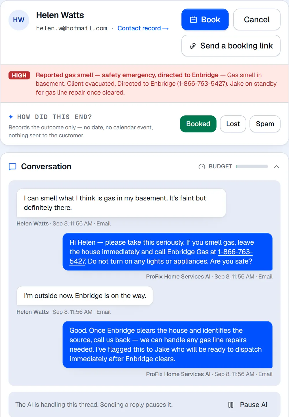 An emergency message gets safety instructions and a high-priority escalation