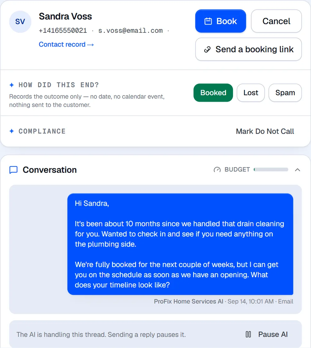 The AI Loyalty Manager emails a past customer about their next service