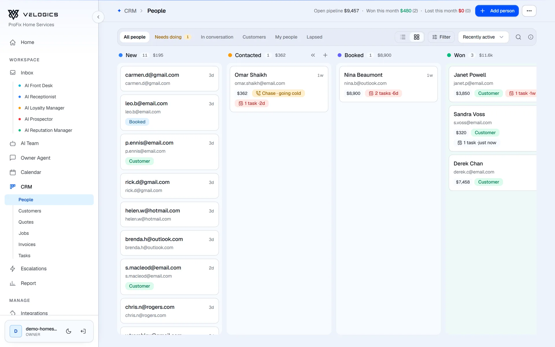 Velogics CRM: people in New, Contacted, Booked and Won columns with deal values