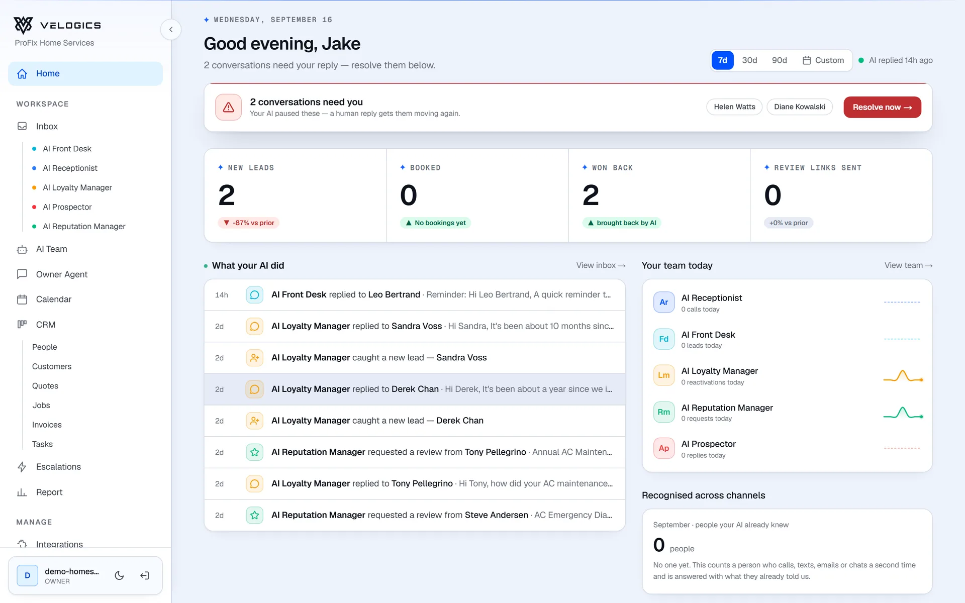 Velogics home: conversations that need a reply, key numbers and what the AI did