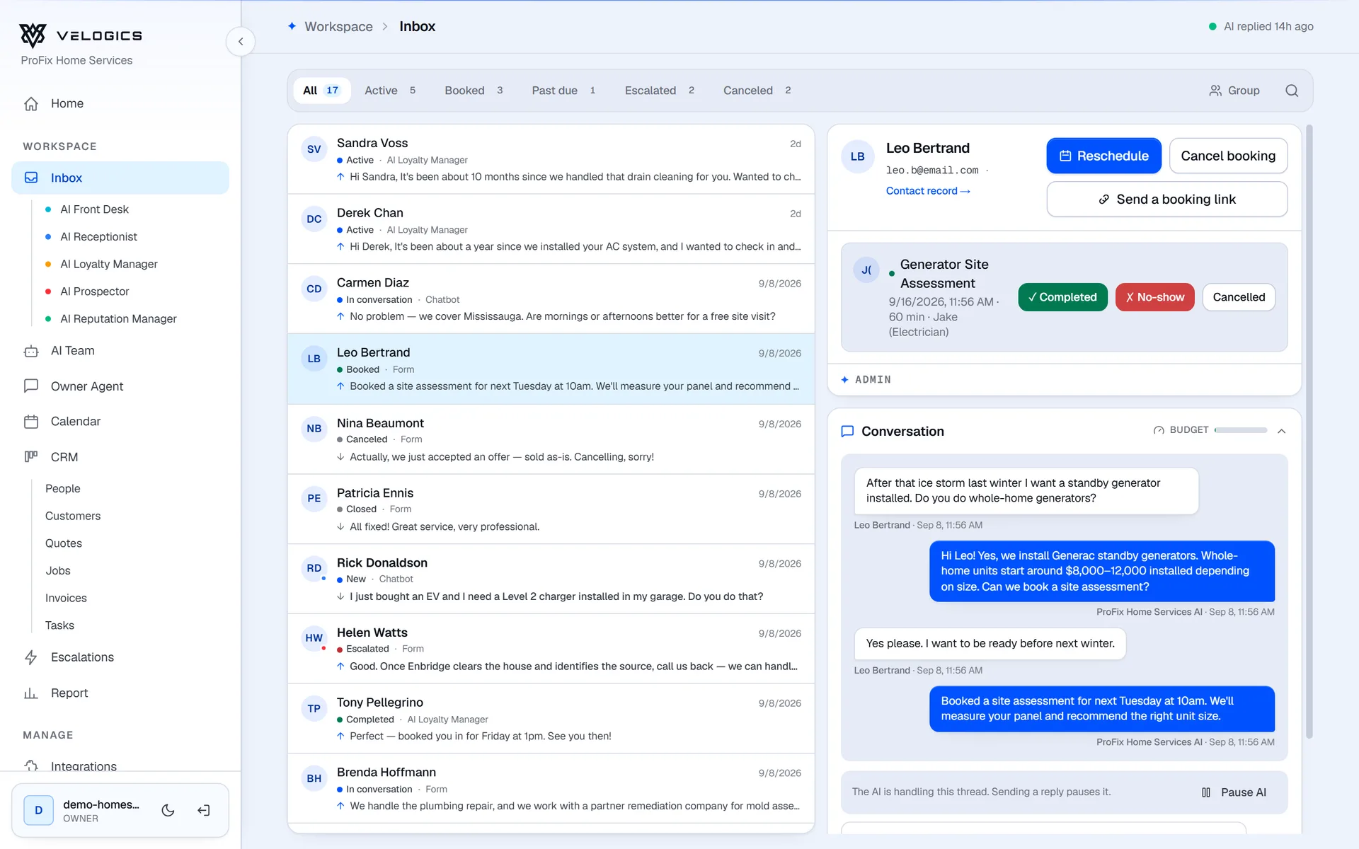 Velogics inbox: the AI books a generator site assessment for a web form lead