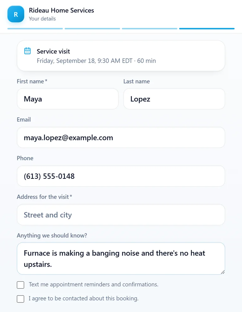 The booking page: the customer adds their details and what the job is about