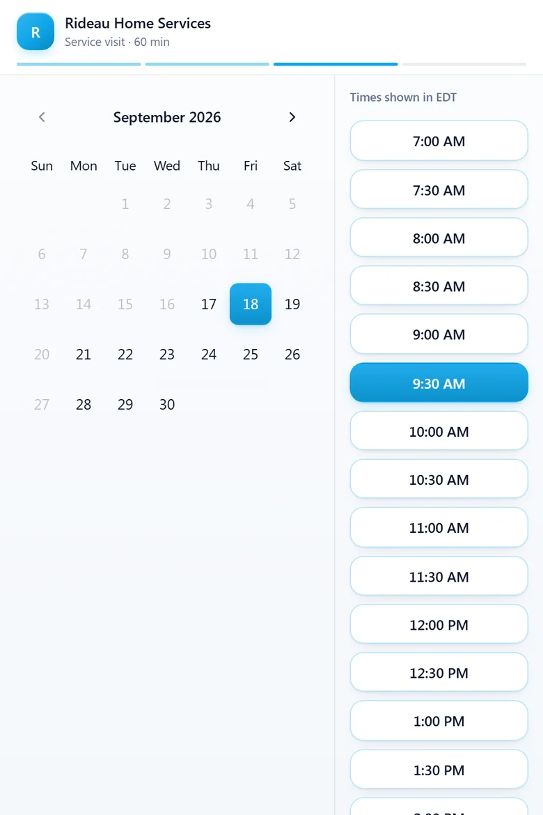 The booking page: pick a date and an open time