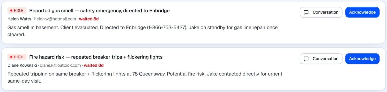 Two high-priority escalations with a short summary each