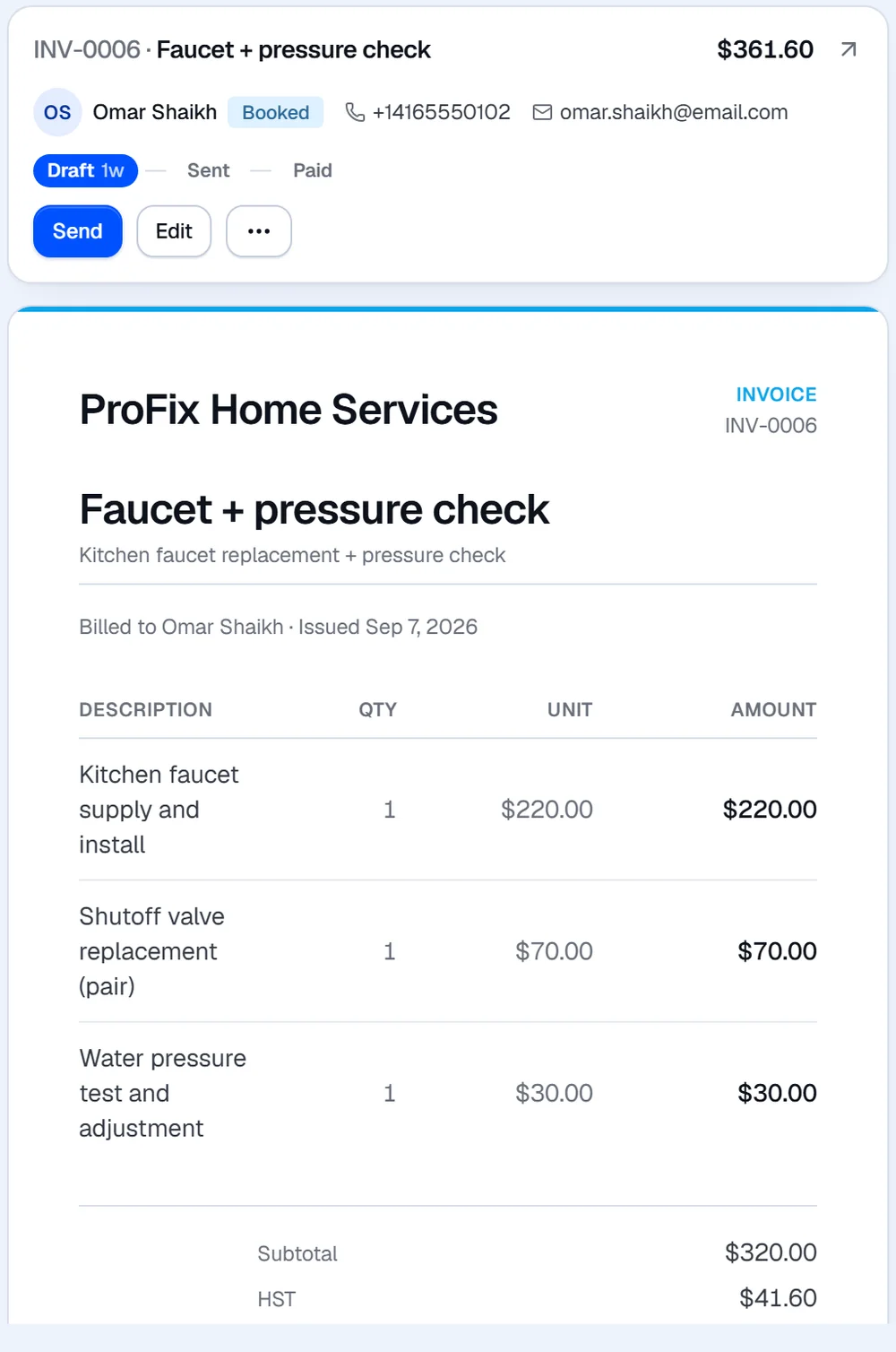 An itemised invoice with tax, ready to send