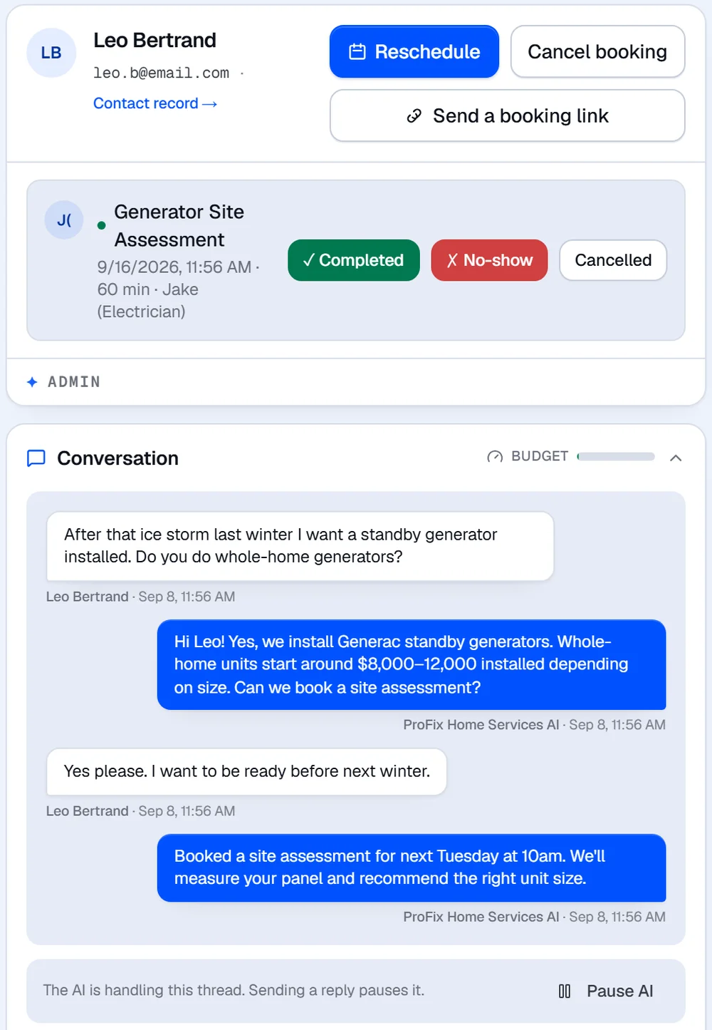 A form lead asks about a standby generator and the AI books a site assessment