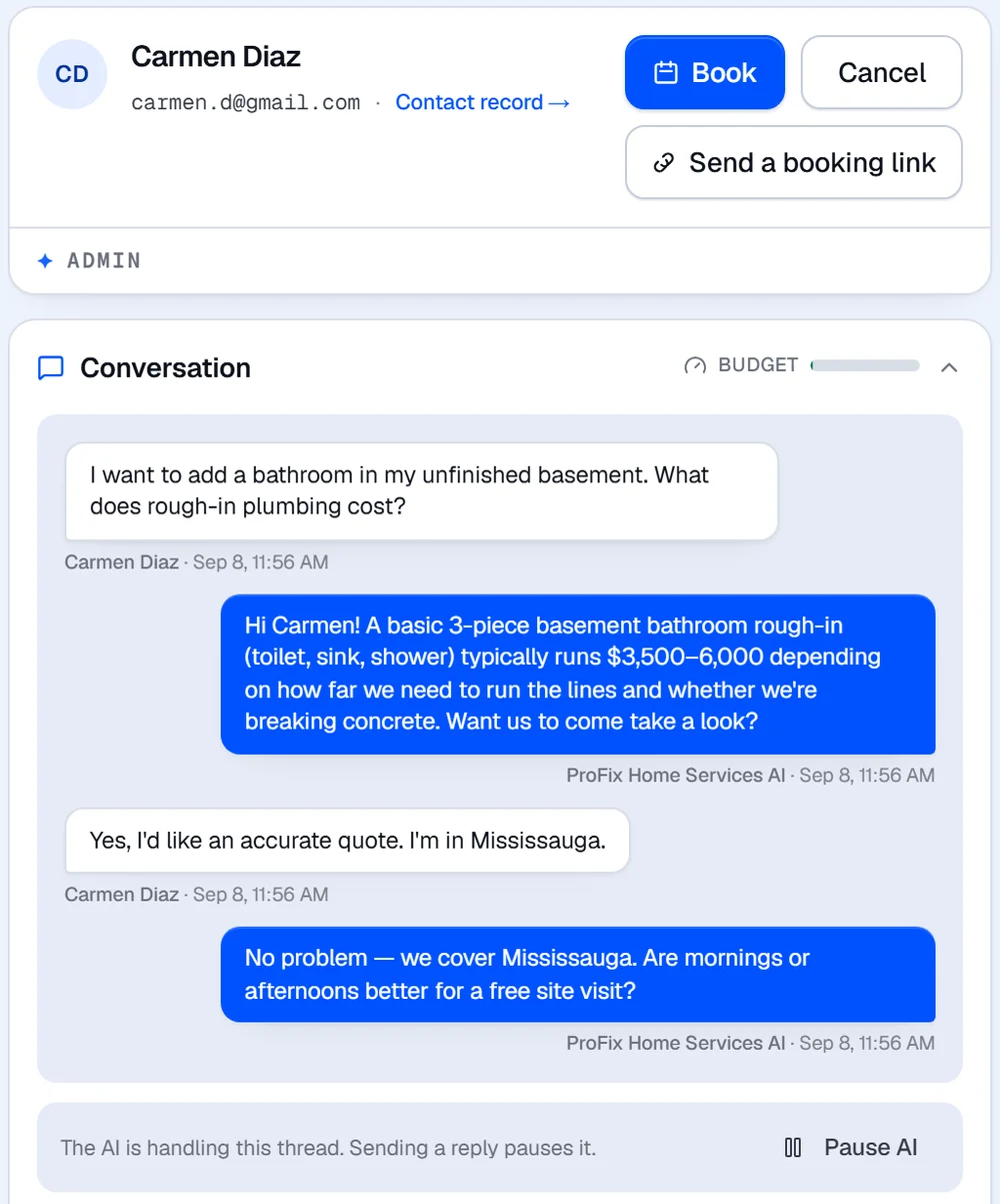 A web chat where the AI answers a price question, confirms the area and asks about timing